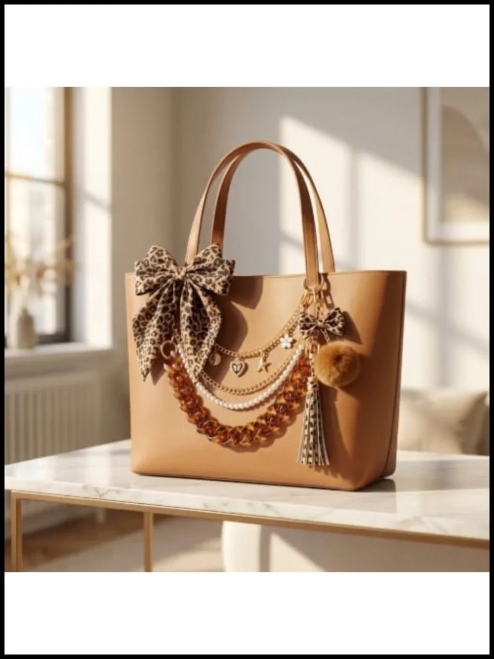 7 Piece Tote Bag Charm Set - Leopard Cheetah Bag Charms with Bow, Pearl, Pom
